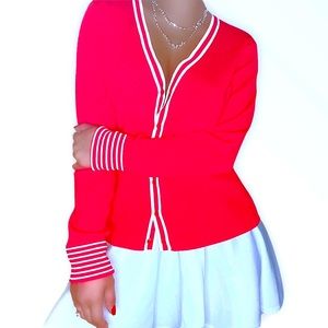 Stretchy Preppy Varsity Style Red Cardigan with White Stripe Trim